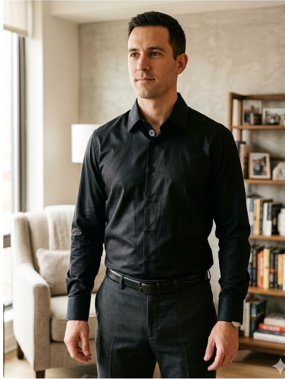 Q CLOTHIER Luxury Custom Bespoke Men's Black Long Sleeve Dress Shirt 17.5 x 33